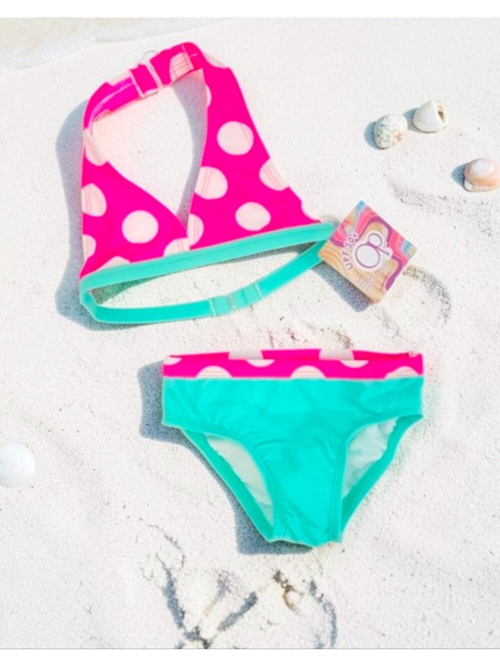 Polka Dot Halter Bikini Set Pink & Aqua Girls Swimwear UPF 50+ Protection